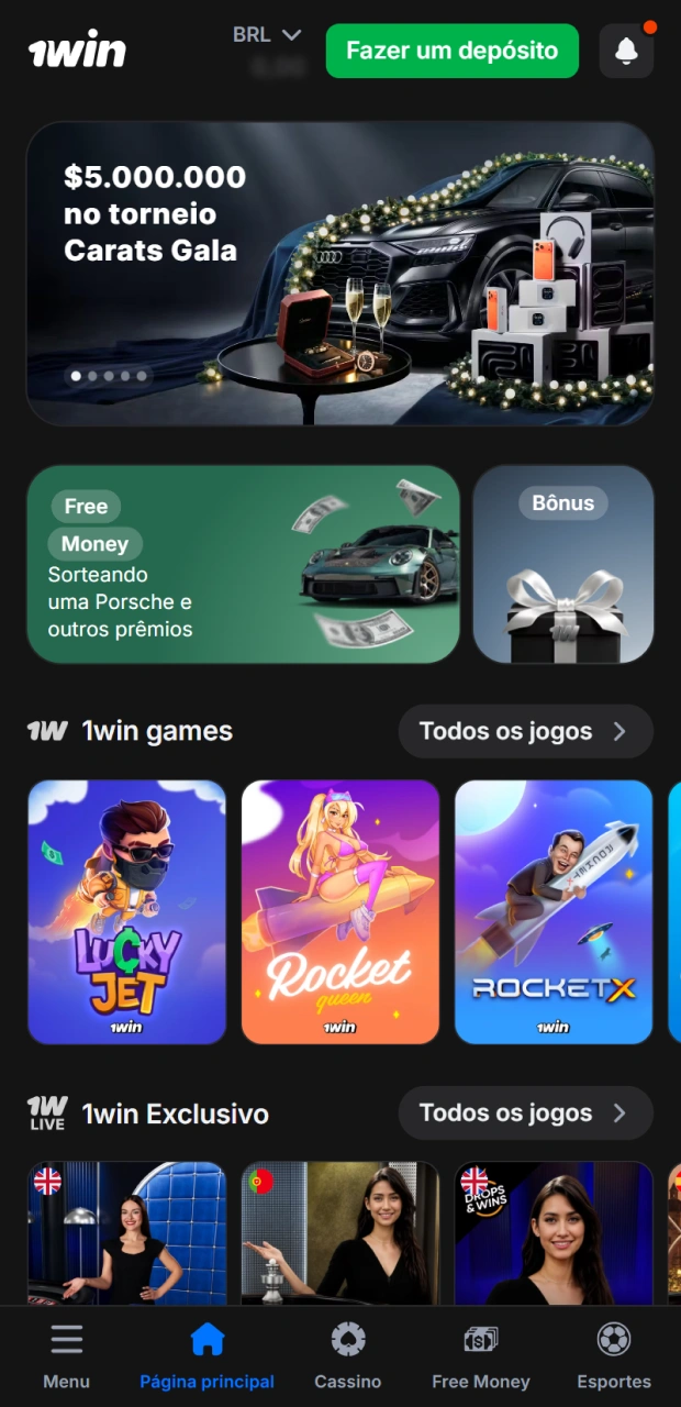 Para começar, abra a secção especial com a caixa registadora 1Win e clique no botão "top up".