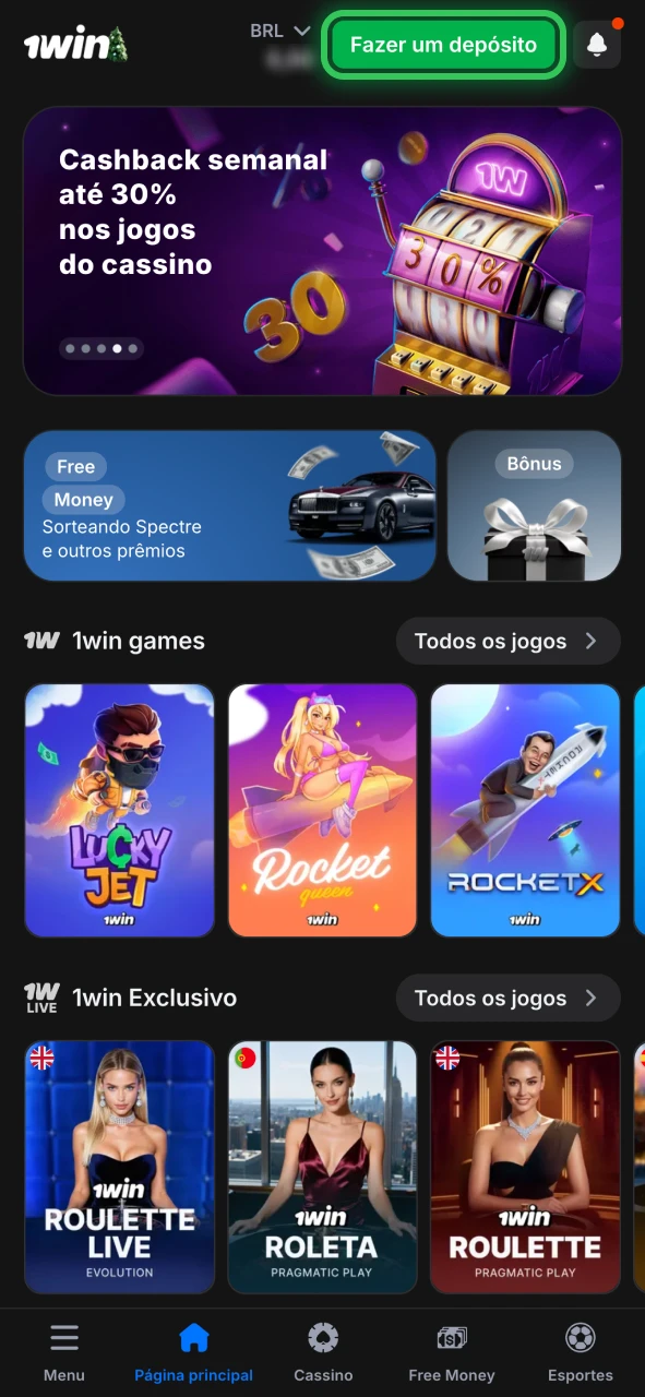 Encontre o botão de depósito na página principal da 1win.